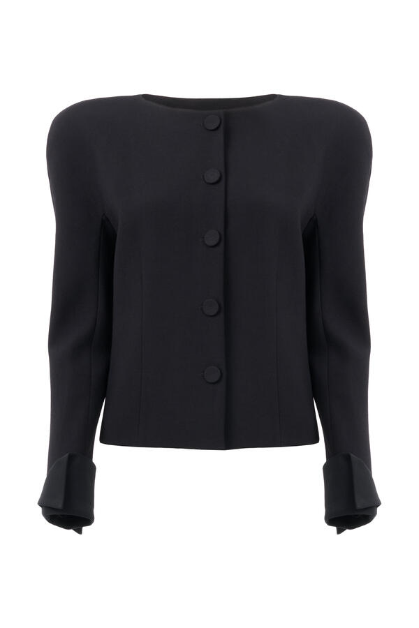 Collarless Fitted Jacket in Wool Crêpe 