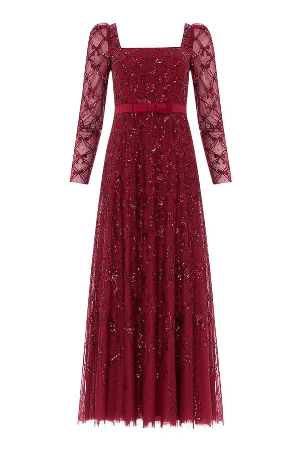 Bow Lattice Long Sleeves Ankle Gown