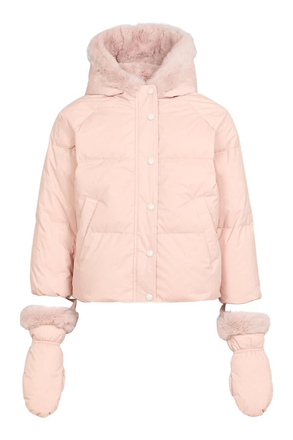 Kids Short Hooded Down Jacket with Fur Trim and Removable Mittens