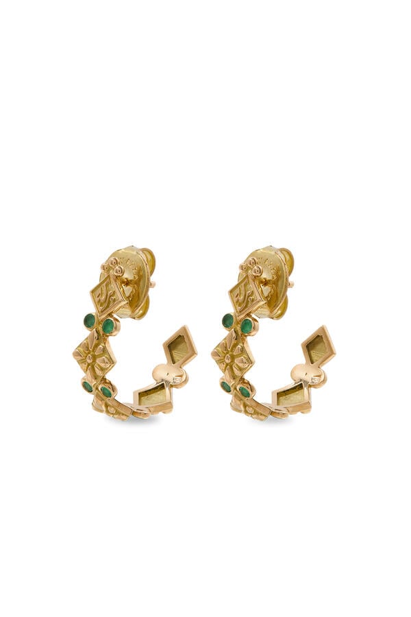 Calligraphy Prosperity and Blessing Hoop Earrings, 18k Yellow Gold & Diamond, Emerald