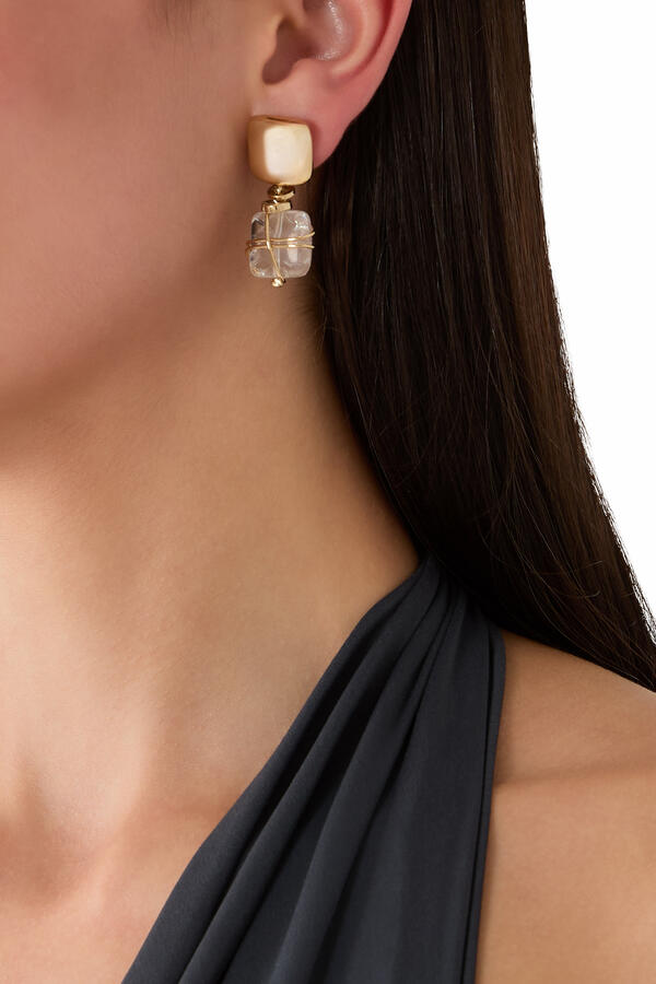 Rainbow Square Earrings, Gold-Plated Brass & Rock Crystal Stone