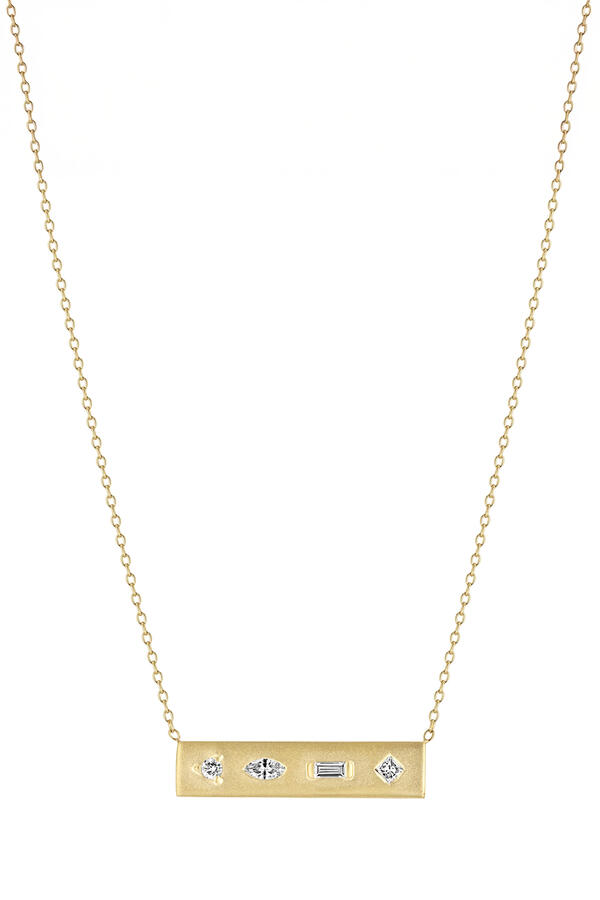 Mosaic Brushed Gold Horizontal Bar Necklace, 14K Yellow Gold & Diamonds