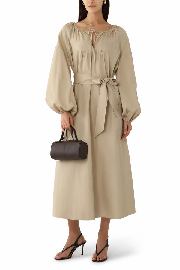 Shirred Cotton Belted Tie-Neck Dress