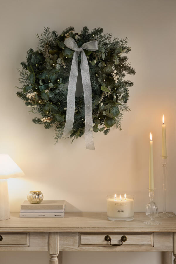 Pre-Lit Frosted Eucalyptus Wreath