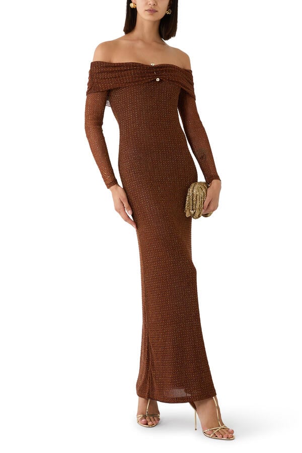 Rhinestone Mesh Off-Shoulder Maxi Dress