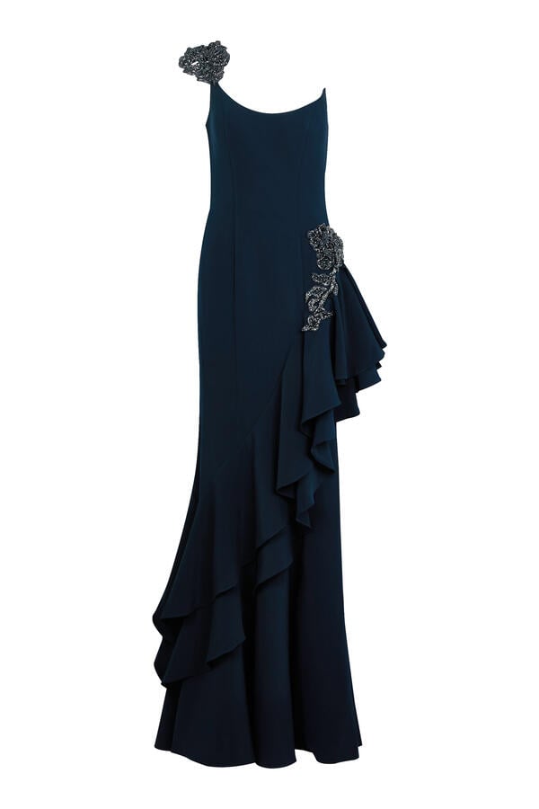 One Shoulder Formal Gown with Layered Ruffle Skirt