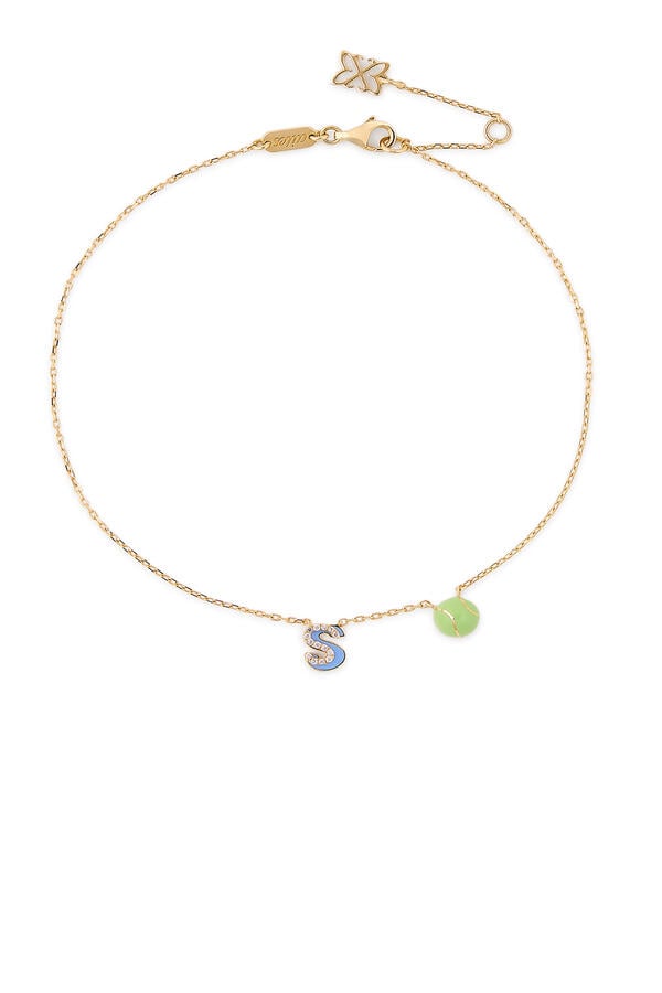 Letter ‘S’ Tennis Anklet, 18k Yellow Gold & Enamel, Diamonds