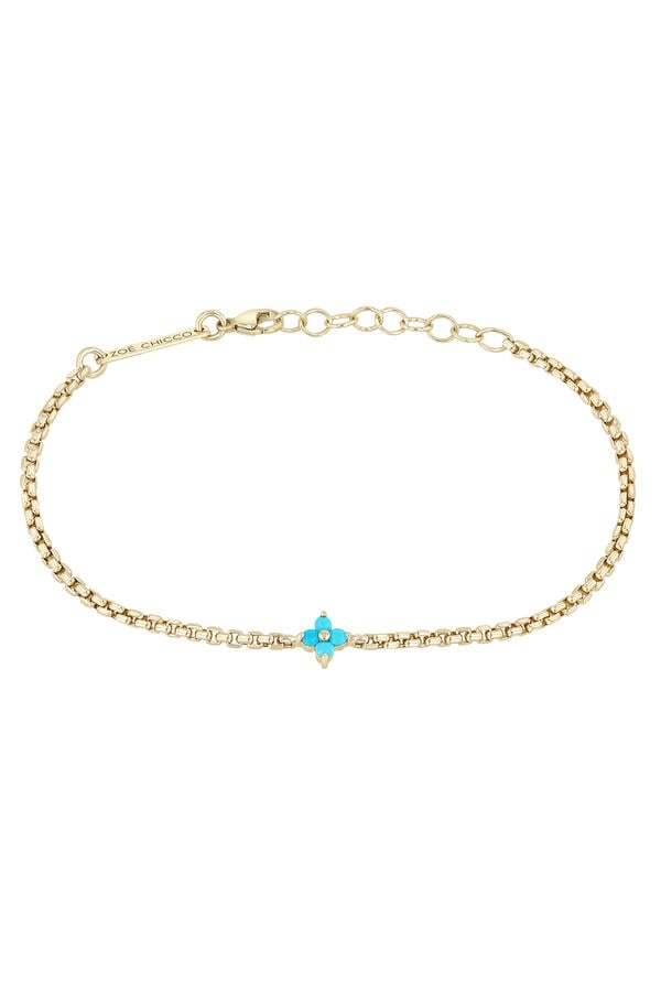  Prong Quad Small Box Chain Bracelet, 14K Yellow Gold with Turquoise