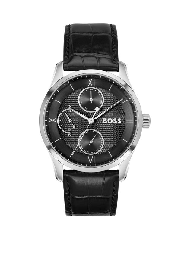 Black-Textured-Dial Watch with Leather Strap