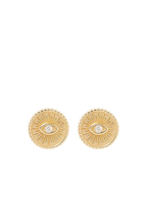 Small Marquise Eye Coin Stud Earrings , 14K Yellow Gold & Diamonds