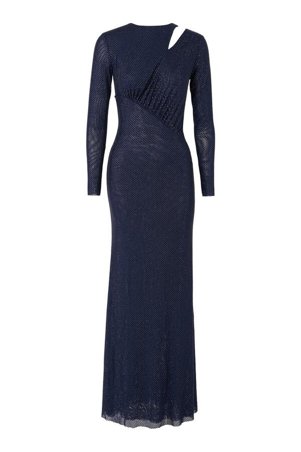 Rhinestone Mesh Cut-Out Maxi Dress