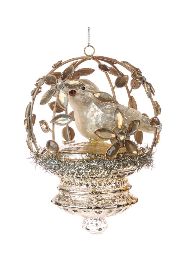Bird in Open Flower Cage Ornament