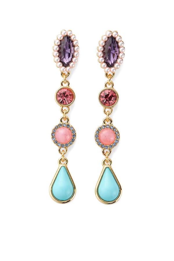 Gemstone Linear Earrings, Brass & Glass Crystal, Glass Pearl, Resin