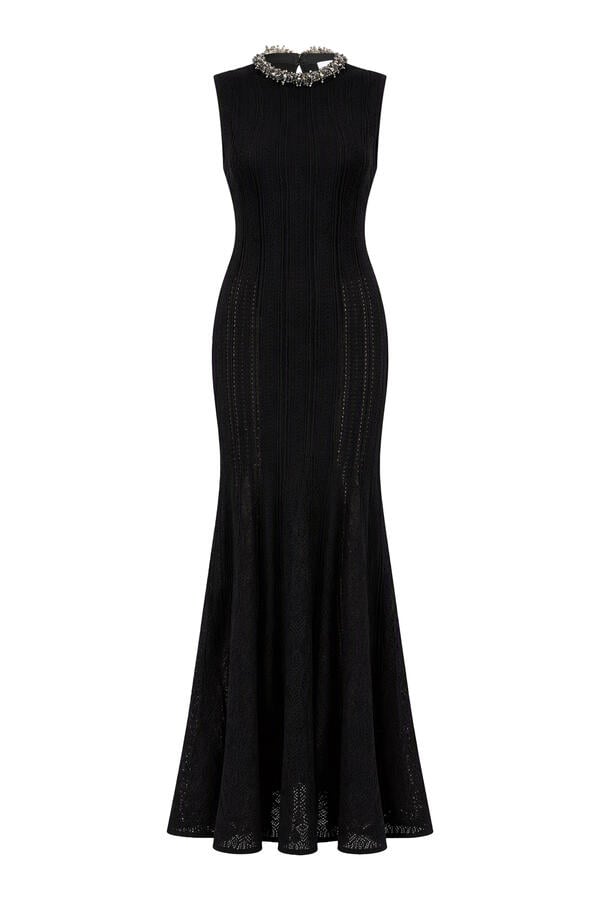 Beaded Pointelle Knit Maxi Dress