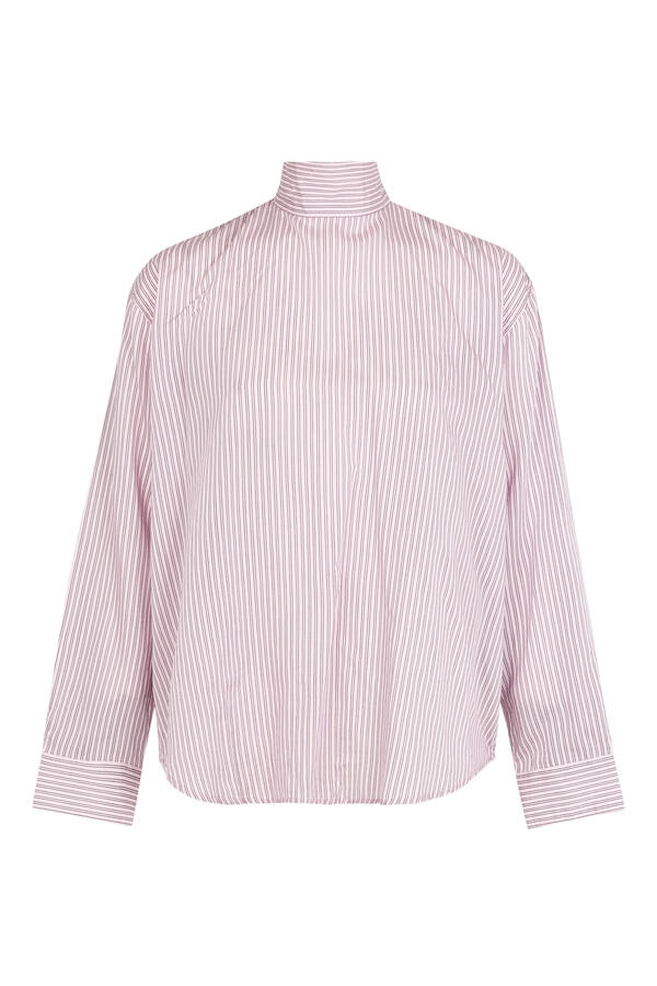 Ultra Light Silk Tencel Striped Funnel Neck Shirt 