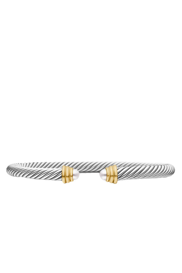 Sterling Silver, 14K Yellow Gold and Pearls Classic Cable Bracelet