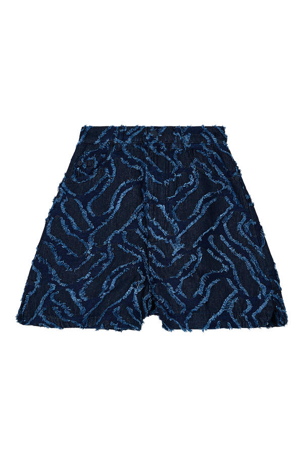 Fringed Embossed Jacquard Denim Shorts