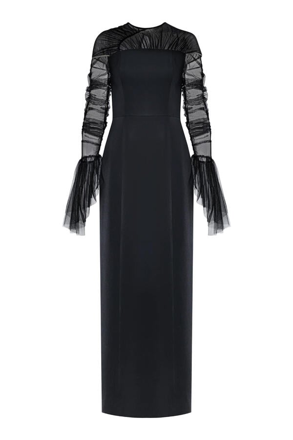 Slim Cut Crepe Gown with Gathered Tulle Illusion Neckline and Sleeve 