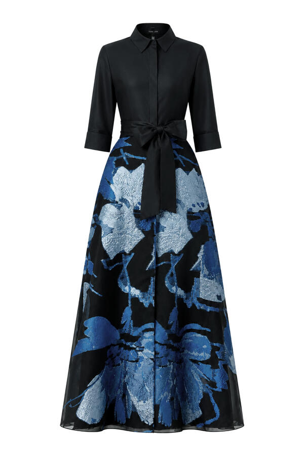 Taffeta Shirtwaist Metallic Organza Skirt Gown