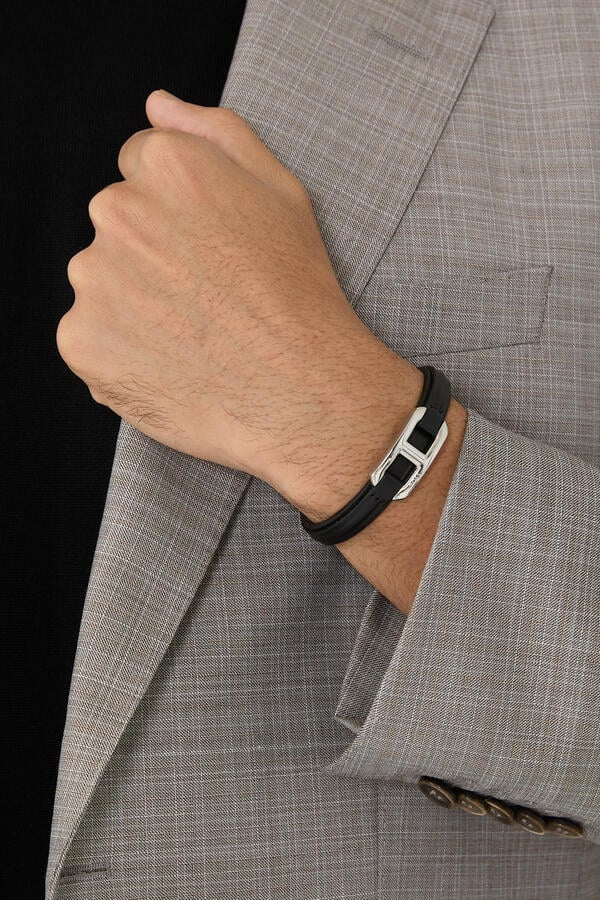  Layered Leather Cuff with Branded Silver-Tone Link