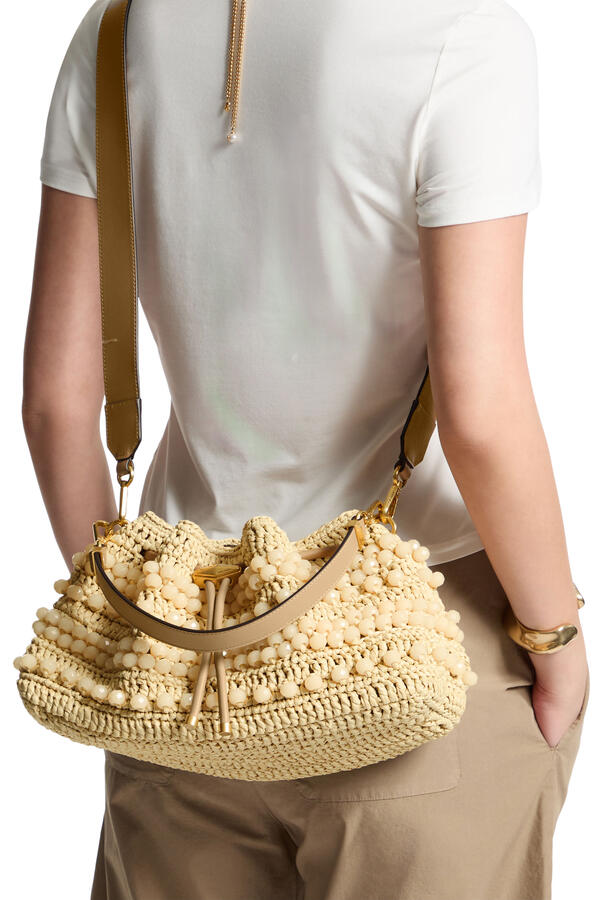 Cinch Beaded Raffia Bucket Bag