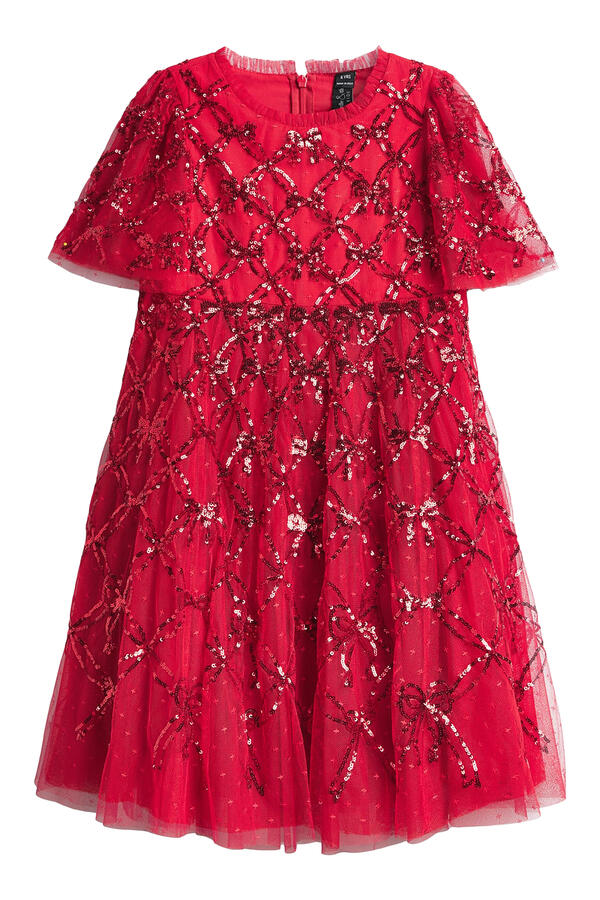 Kids Bow Lattice Short Sleeves Dress