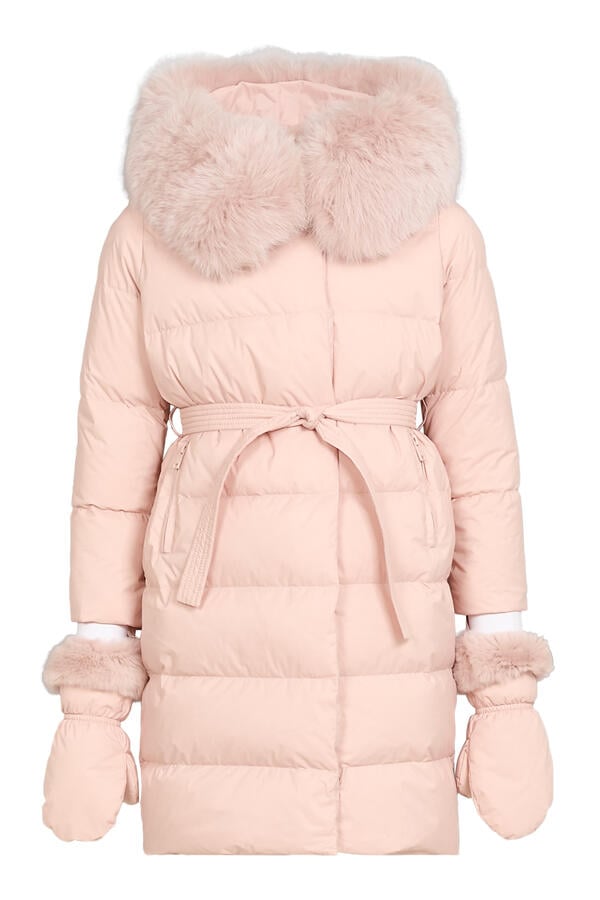 Kids Fur-Trim Down Puffer Jacket with Mittens