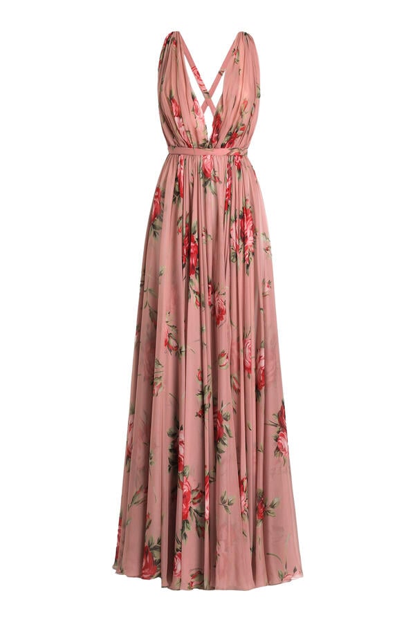 Rose Bouquet-Print Chiffon Dress