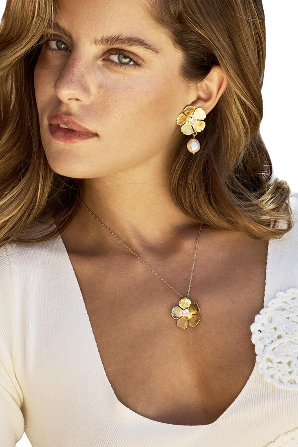 Mini Anemone Pearl Earrings, 18K Gold Plated Brass, Pearl & Swarovski® Crystals