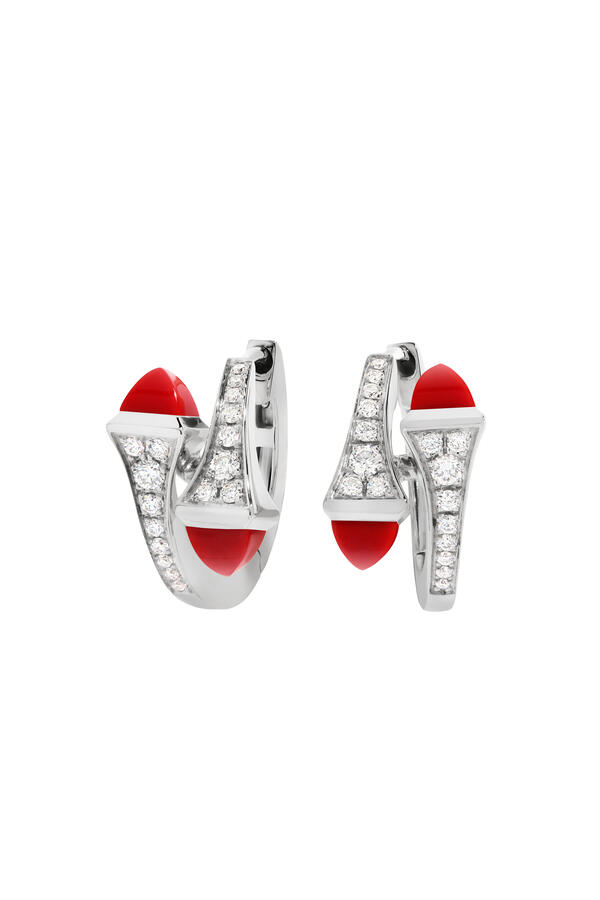 Cleo Huggie Earrings, 18k White Gold & Coral, Diamonds