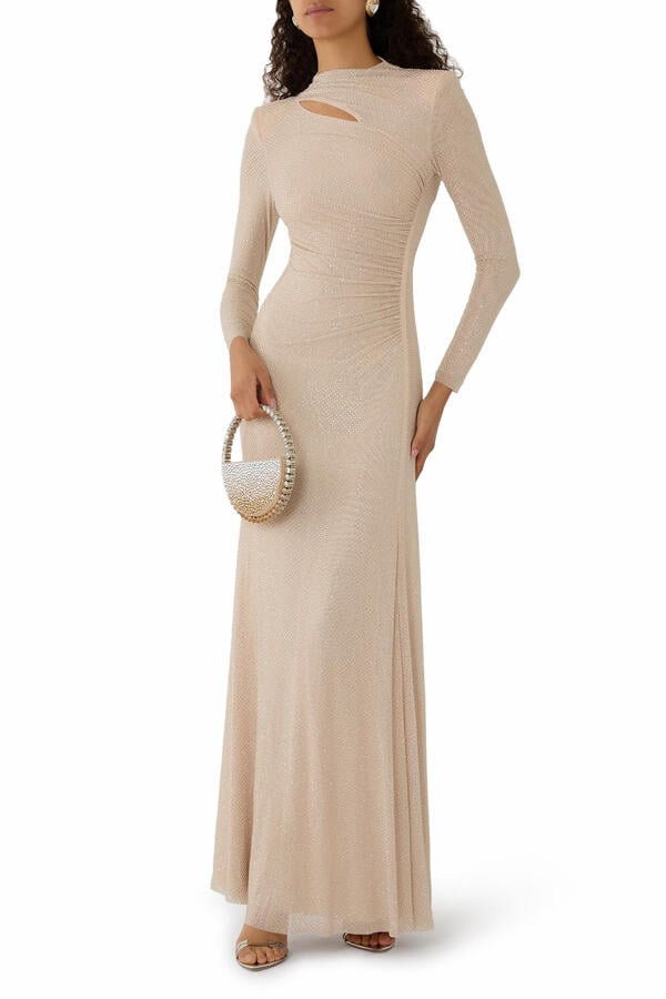Rhinestone Mesh Cut-Out Maxi Dress