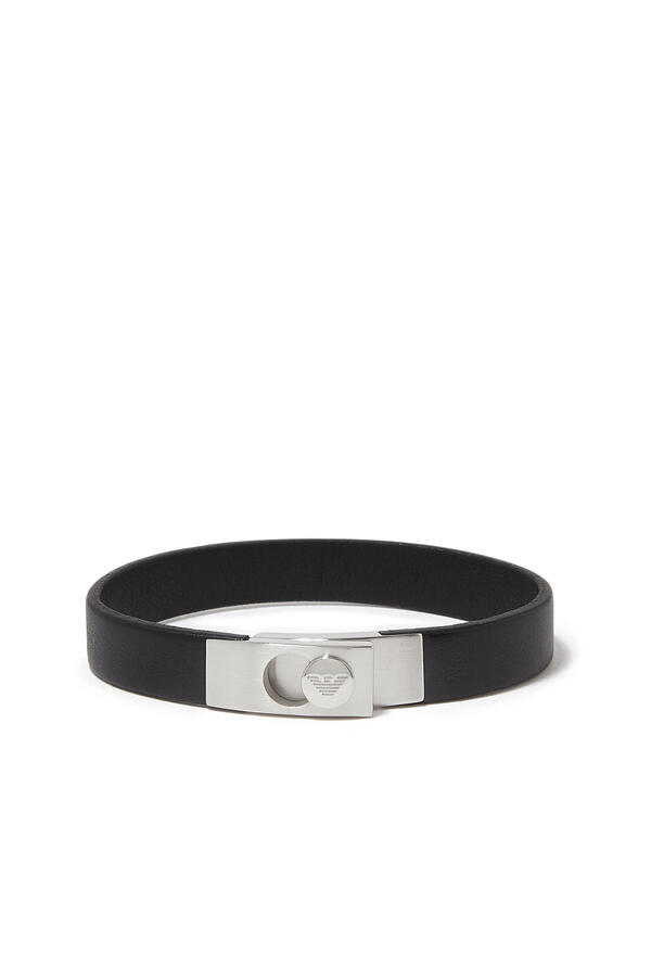 Stainless Steel and Black Leather Strap Bracelet