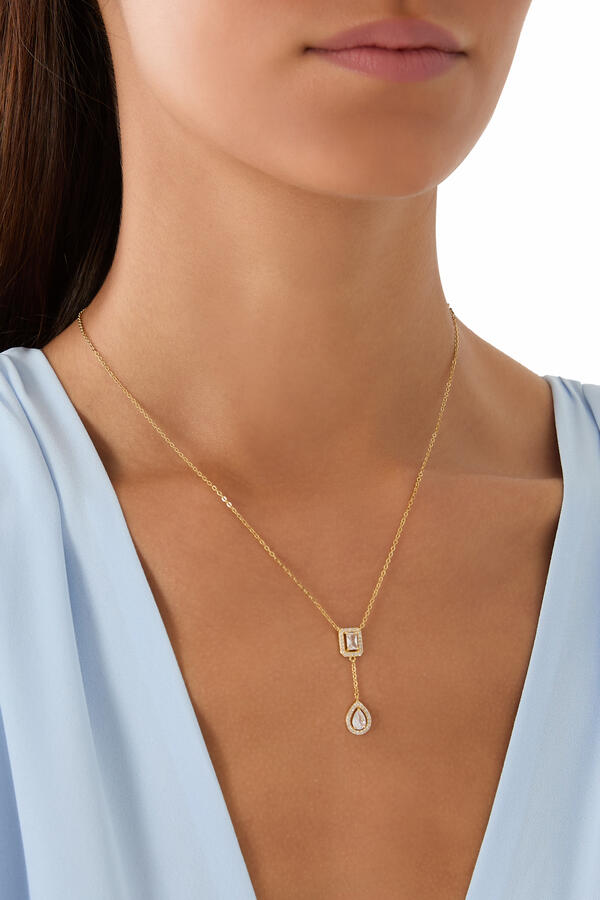 Pear Y Necklace, Rhodium-plated Brass & Emerald, Cubic Zirconia