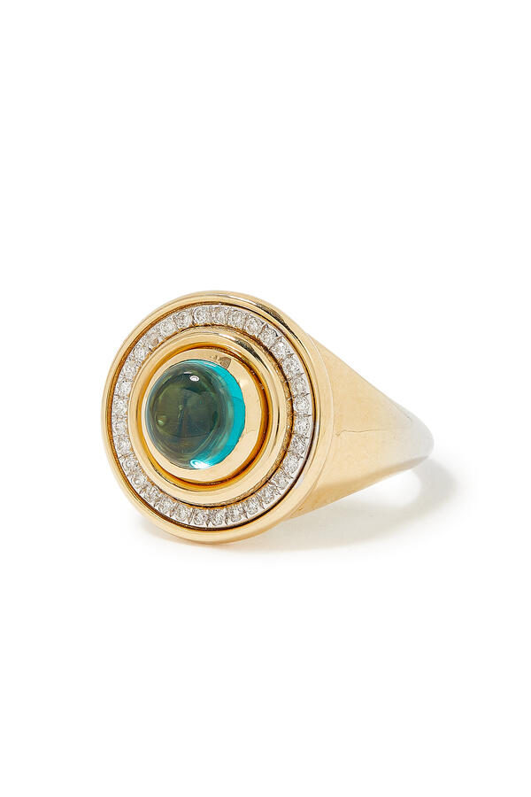 Mimette Pinky Ring, 18K Yellow Gold with Diamonds & Green Topaz