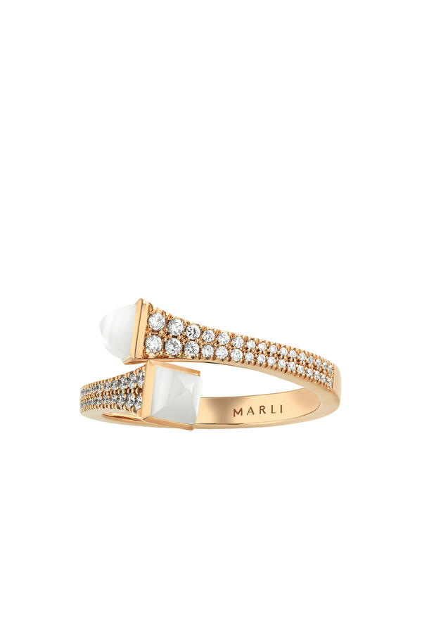 Cleo Slim Ring, 18k Rose Gold with  White Agate & Diamonds