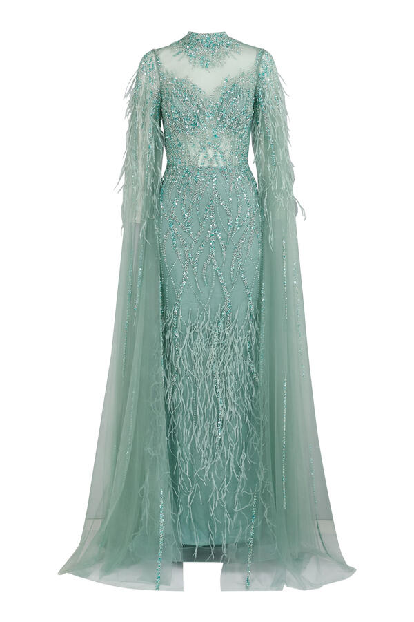 Beaded Caplet Tulle Evening Gown