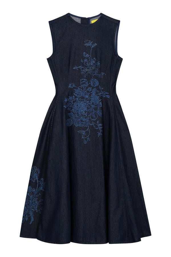 Flower Motif Denim Sleeveless Midi Dress