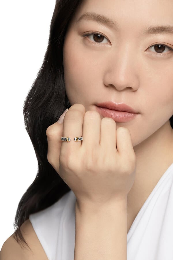 Petite Cable Open Ring, Sterling Silver with 14K Yellow Gold & Pearls