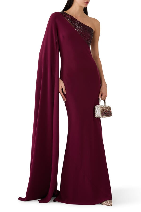 Diamante Panel One-Shoulder Cape Gown