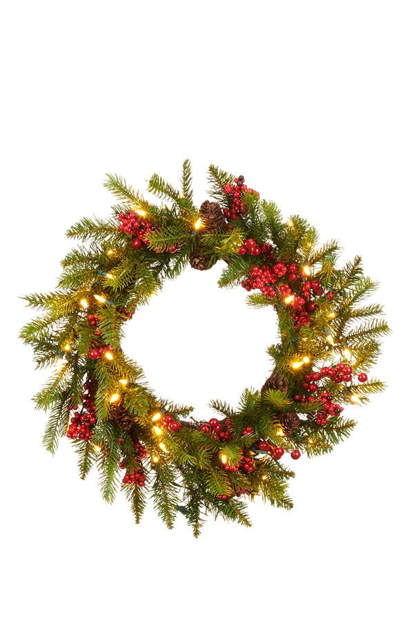 زينة بتصميم إكليل بحبات توت وأغصان صنوبر ومخاريط صنوبرية و50 مصباح LED 