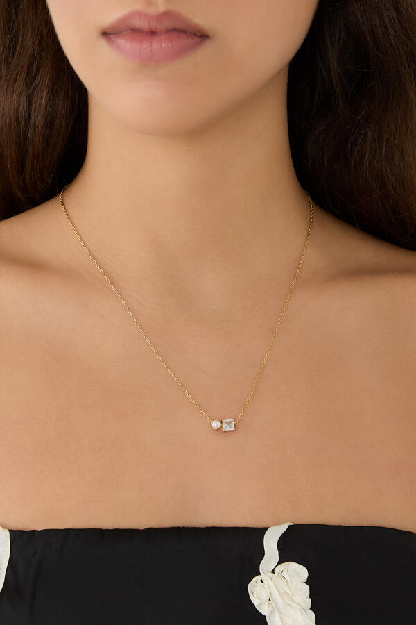 Victoria Pearl and Crystal Necklace, Plated Metal Stainless Steel & Glass Stone, Pearl