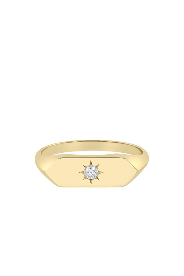  Star Elongated Hexagon Signet Ring, 14K Yellow Gold & Diamond