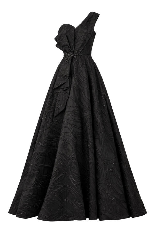 One Shoulder Beaded Waist A Line Gown