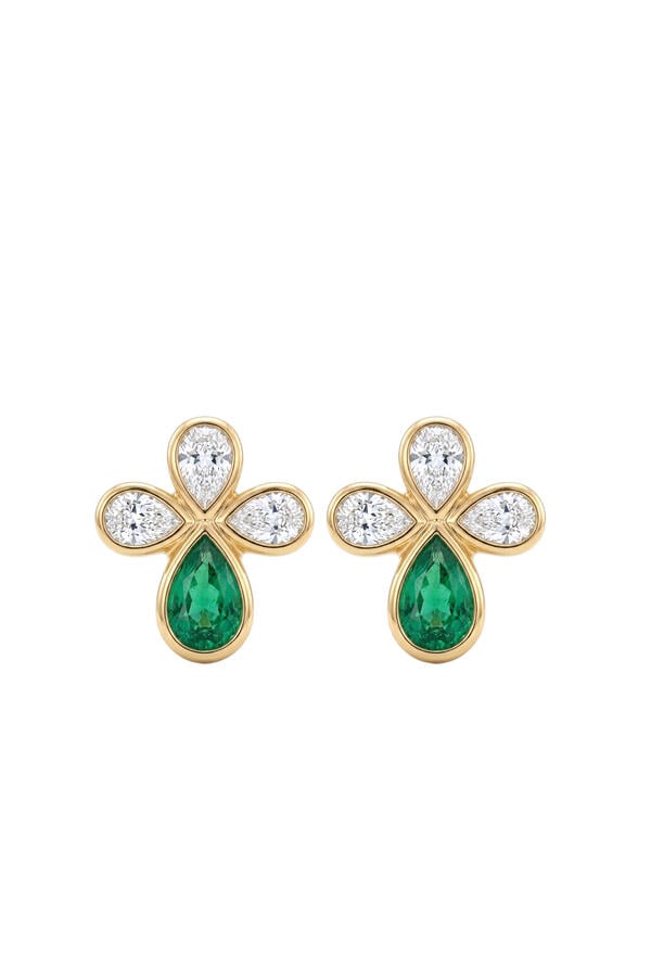 Crown Shield Studs, 18K Yellow Gold with Emerald & Diamonds