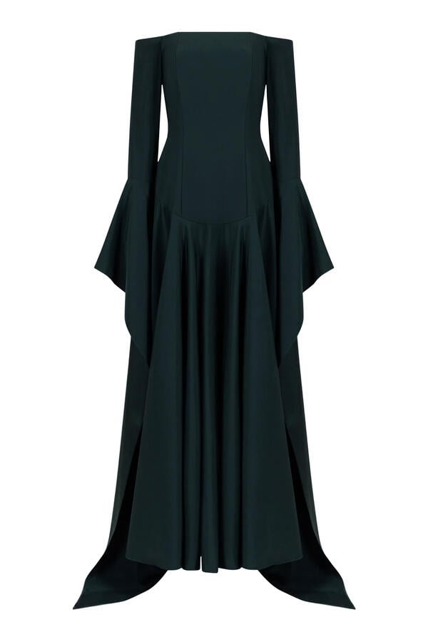 Off-Shoulder Statement Sleeve Crepe Gown