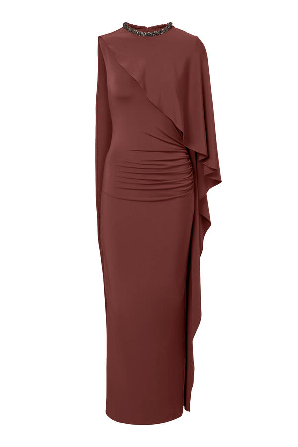 Crystal Neckline Asymetric Column Maxi Dress