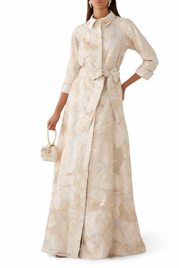 Metallic Burn Out Jacquard Shirt Waist Gown
