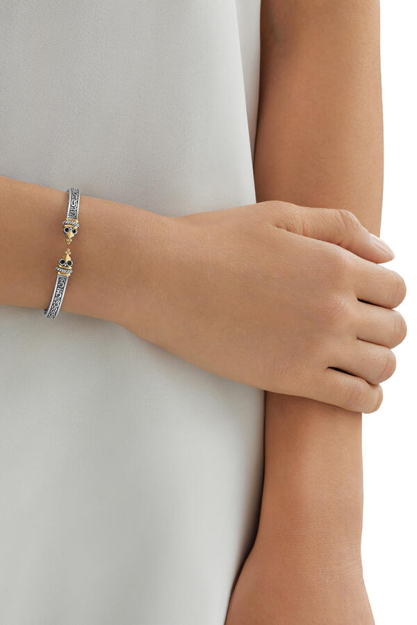 Turath Tribal Calligraphy Bangle, 18k Yellow Gold & Blue Topaz