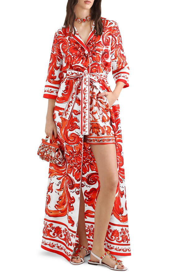 Long Majolica-Print Silk Dressing Robe