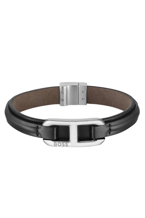  Layered Leather Cuff with Branded Silver-Tone Link